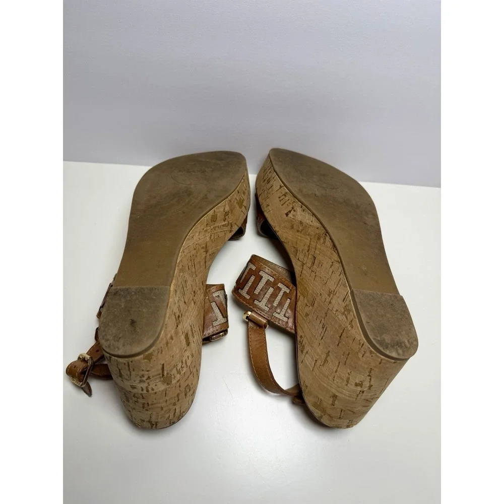 Tory Burch Regan Cork Wedge T Logo Brown Leather Sandal's Women's Size 9.5
